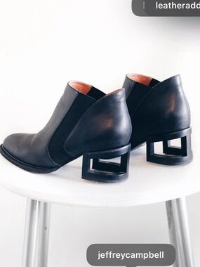 Jeffrey Campbell Black Leather Ankle Booties with Open Geometric Block Heels